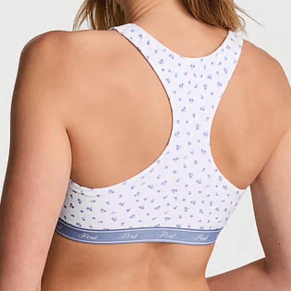 PINK Victoria's Secret Cotton Racerback Bralette, White Floral Print Sports Bra - Picture 2 of 8
